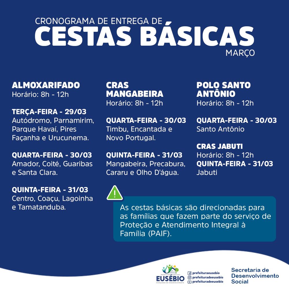 Prefeitura de Eusébio entrega cestas básicas de março