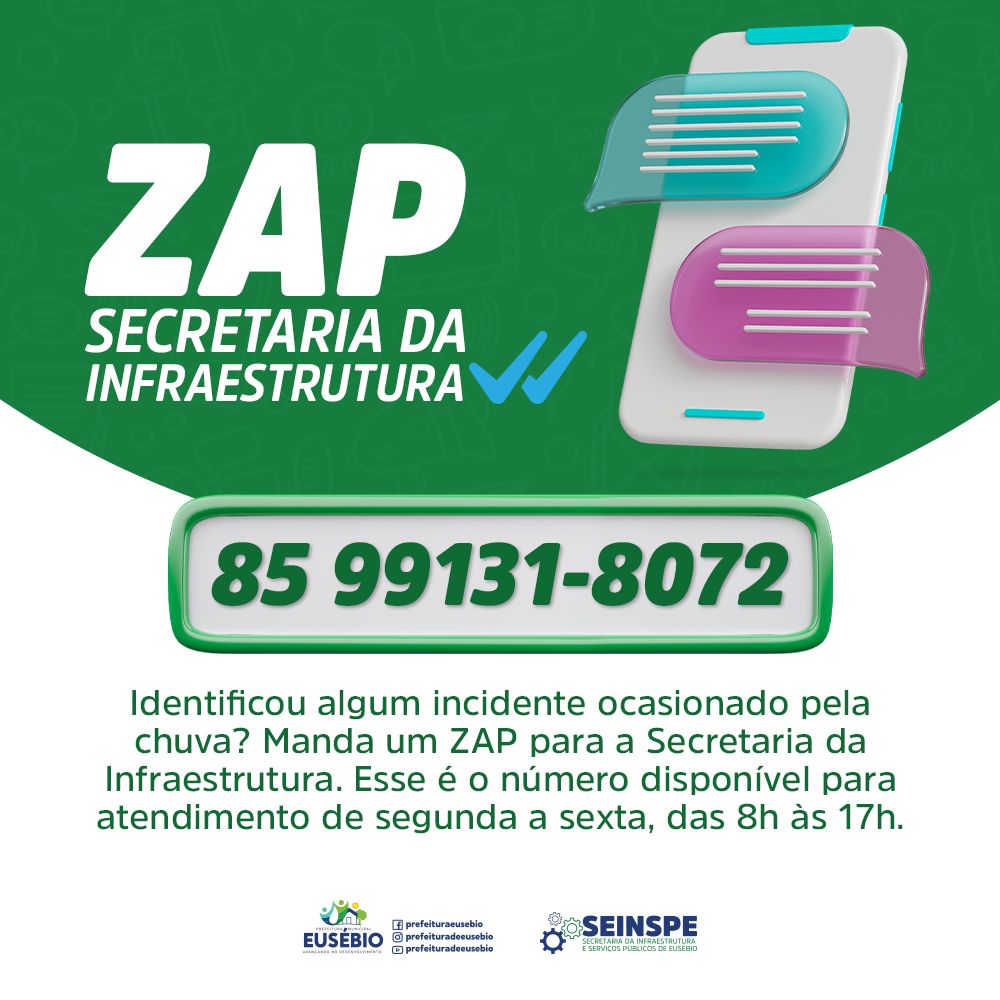 Prefeitura de Eusébio lança número de Whatasapp da Secretaria de Infraestrutura para demandas das quadra invernosa